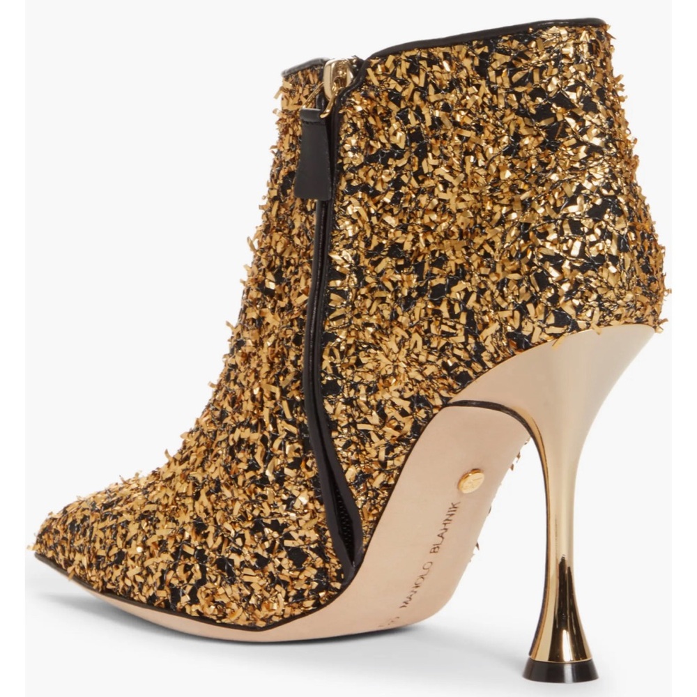 NWT • Manolo Blahnik • Pluta Pointed Toe Bootie • Black and Gold Tinsel • 37 EU